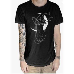 Halloween Cat Graphic Tshirt Mens 2XL Black Witch Hat